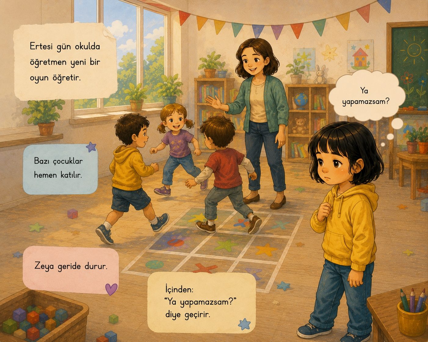 Sınıfta öğretmen yeni bir oyun anlatıyor, çocuklar seksek karesine koşuyor; Zeya en sağda, geride duruyor.