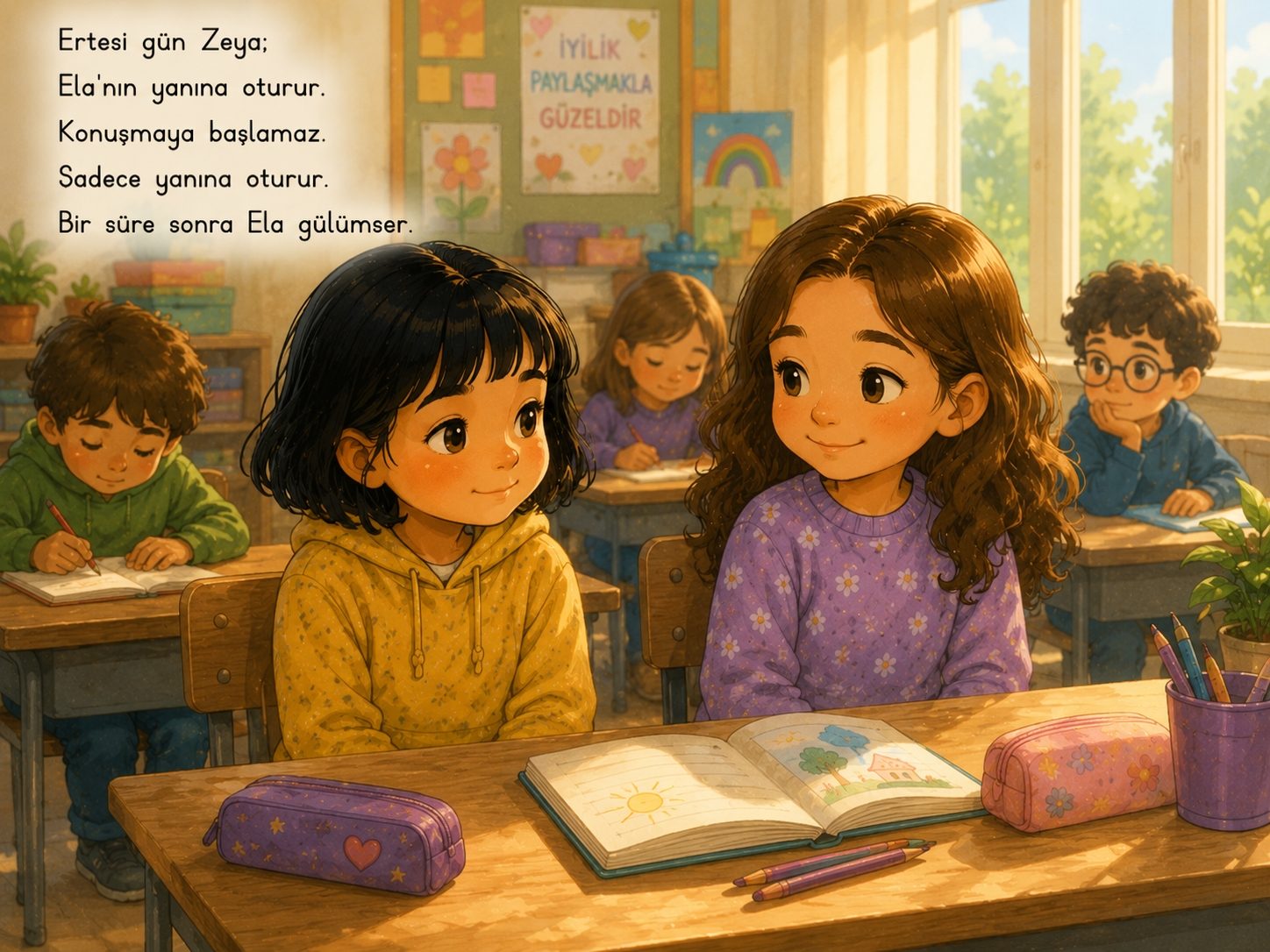 Zeya sınıfta Ela'nın yanına oturmuş; ikisi birbirine gülümsüyor, önlerinde açık bir resimli defter var.